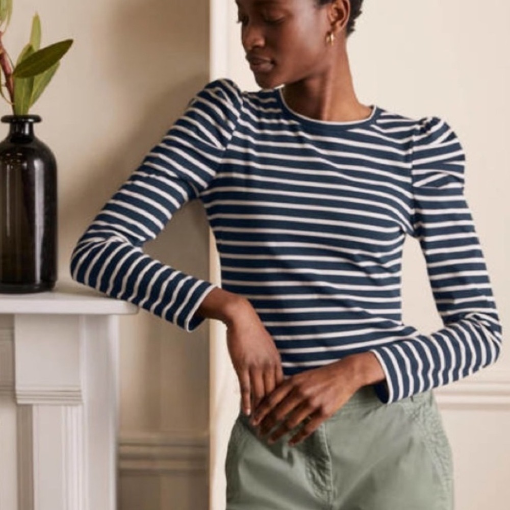 Boden Navy & White Striped Long-Sleeve Tee with Puff Shoulders